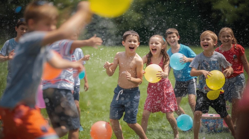 Este es un juego muy divertido y refrescante para un grupo pequeño de niños. Ideal para jugar en verano, combina habilidad y estrategia mientras los niños intentan derribar las botellas de sus oponentes con una pelota.