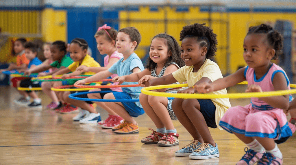 La Serpiente de Aros es un juego donde los participantes se forman en fila, cada uno dentro de un aro