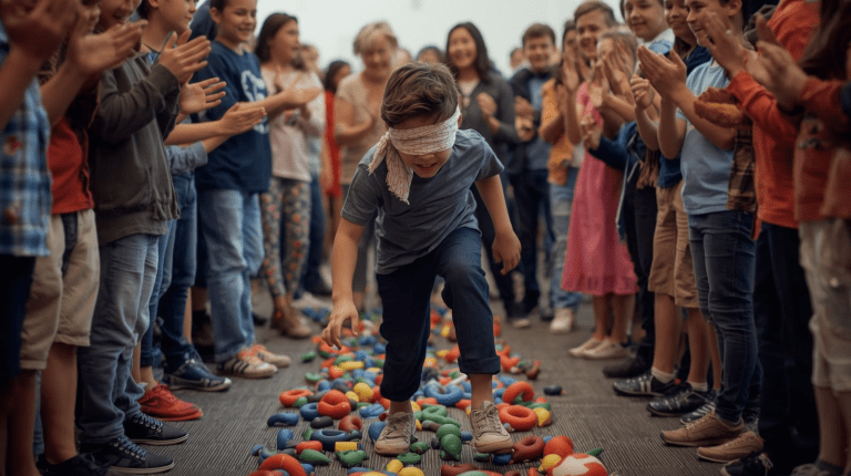 Pies peligrosos es un juego divertido y lleno de suspense donde un jugador debe caminar a ciegas entre objetos personales esparcidos por el suelo, guiado por sus compañeros, sin saber que al final hay una sorpresa acuática esperándolo.