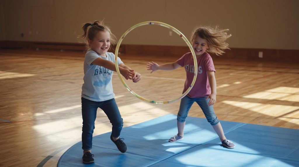 Los jugadores deben trabajar juntos para desplazarse a lo largo de un recorrido, utilizando un aro y un felpudo para deslizarse en el suelo.