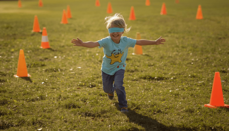 Uno de los miembros tiene los ojos tapados y debe atravesar un campo lleno de "minas"