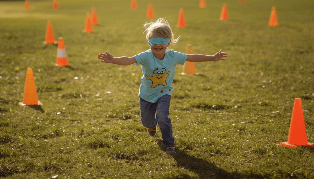 Uno de los miembros tiene los ojos tapados y debe atravesar un campo lleno de "minas"