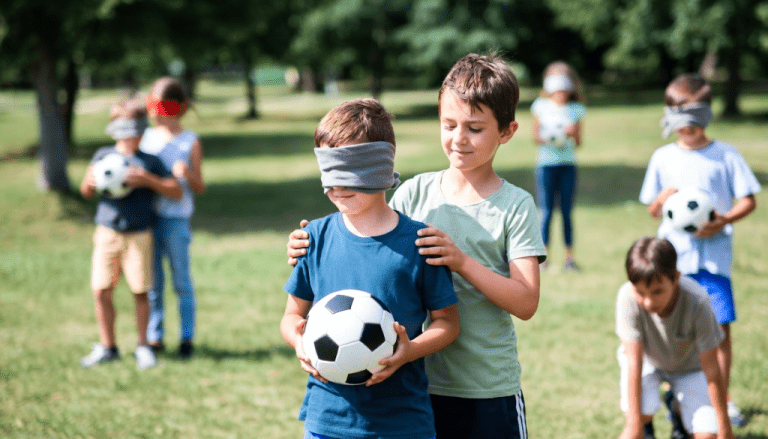 Los participantes se agrupan en parejas, donde uno de los miembros estará con los ojos tapados, intentando botar el balón, mientras su compañero vidente lo guía.