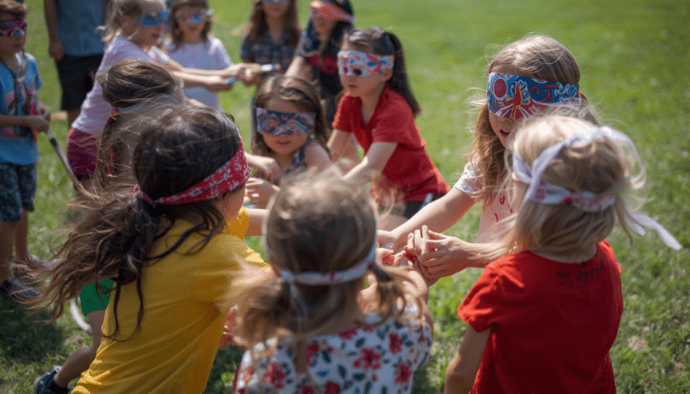 Los participantes se dividen en dos grupos, cada uno con los ojos tapados.