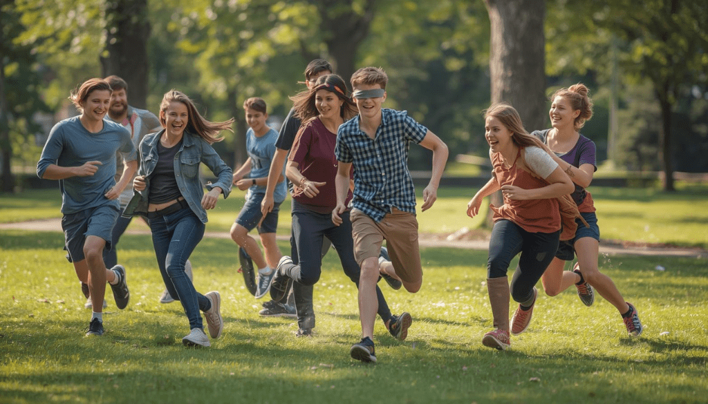Los participantes se agrupan en parejas, donde uno de los miembros hace de guía mientras el otro tiene los ojos tapados.