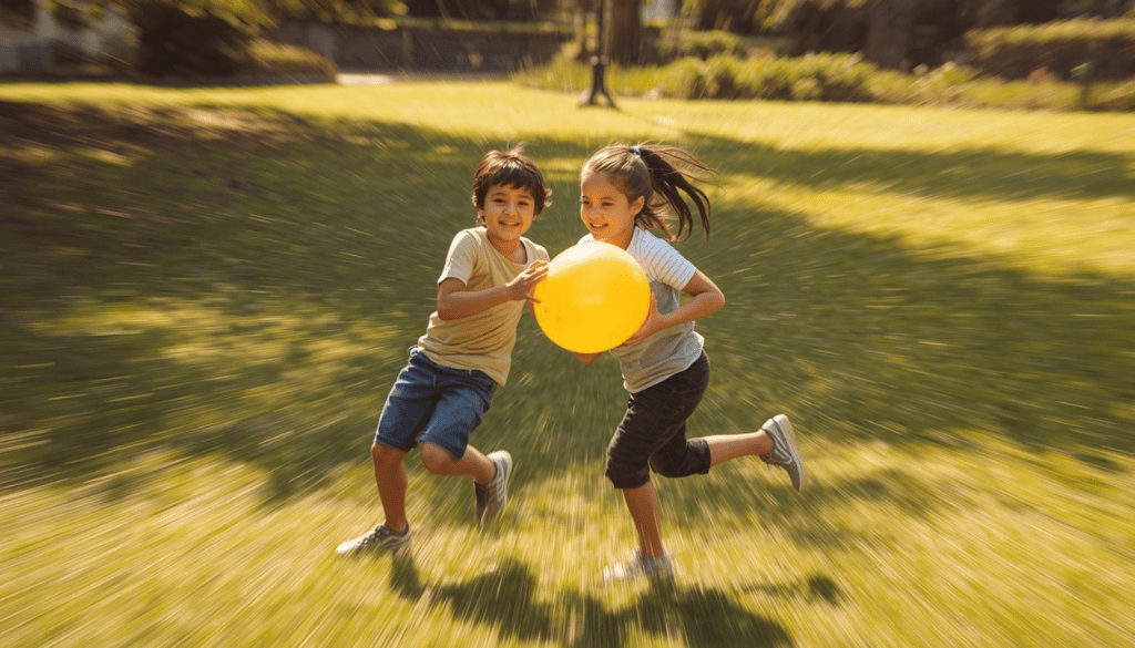 El objetivo principal es trabajar la velocidad, jugando al pilla-pilla en parejas mientras sostienen un globo entre sus cuerpos.