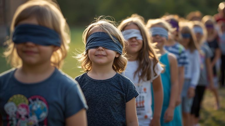 niños y niñas se agrupan en pequeños equipos, formando un "tren" donde todos excepto el último de la fila tienen los ojos tapados.