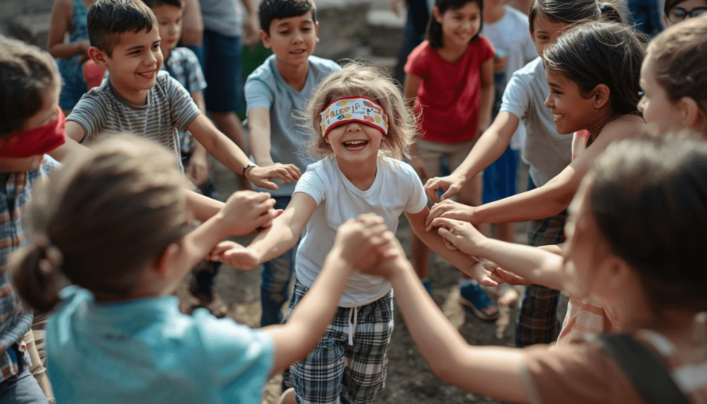 Los participantes se agrupan en pequeños círculos, donde uno de los miembros, con los ojos tapados, debe intentar tocar a alguien del círculo